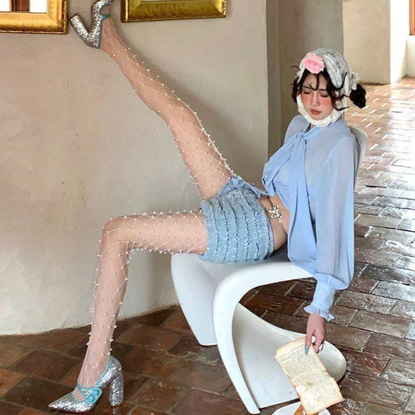 Hand-stitched Pearl Fishnet Tights, Bowknot Stockings