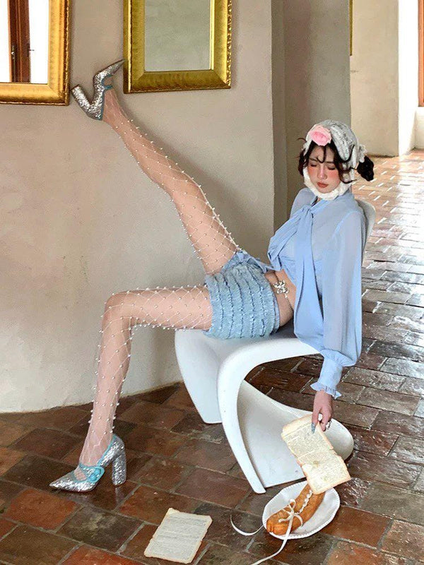Hand-stitched Pearl Fishnet Tights, Bowknot Stockings