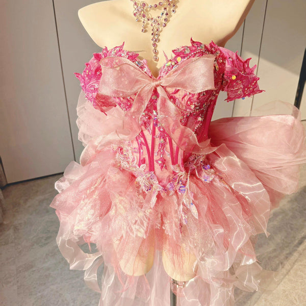 Handmade Princess Dress, Pink Bow, High-Class Party Gown