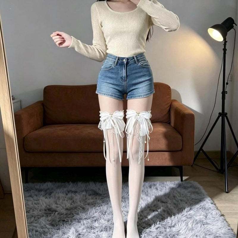 Handmade bow high-heeled thigh socks love