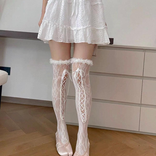 Lolita over-the-knee socks with lace trim and front lacing