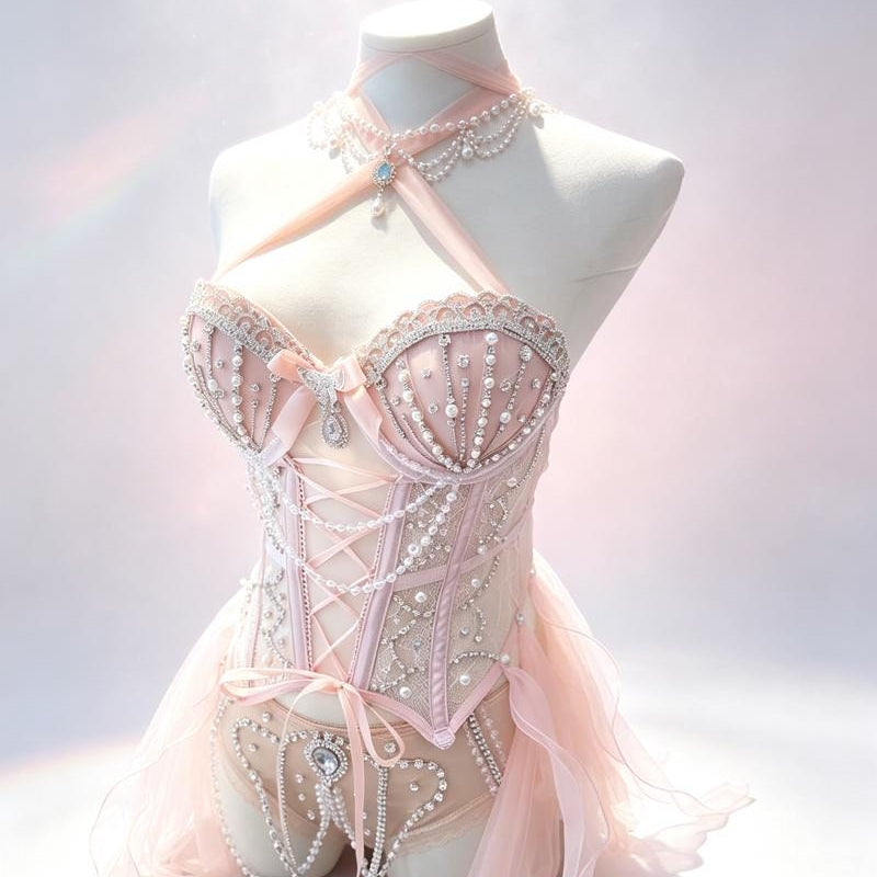 Custom Ballet Girl Rave Outfit – Pearl Embellished Lingerie, Hand-Stitched Rave Wear