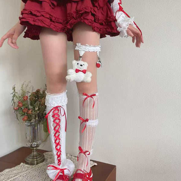 Christmas Outfit: Girly Red Lace Mid-Calf Scrunch Socks with Ribbon Bows
