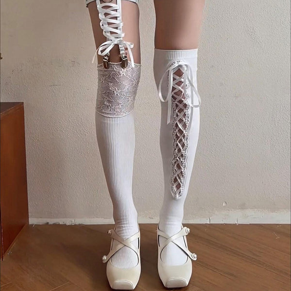 New Arrival: Women's Mid-Calf to Over-the-Knee Socks — Ballet-Style Straps & Lace Splicing, Girly Lolita 