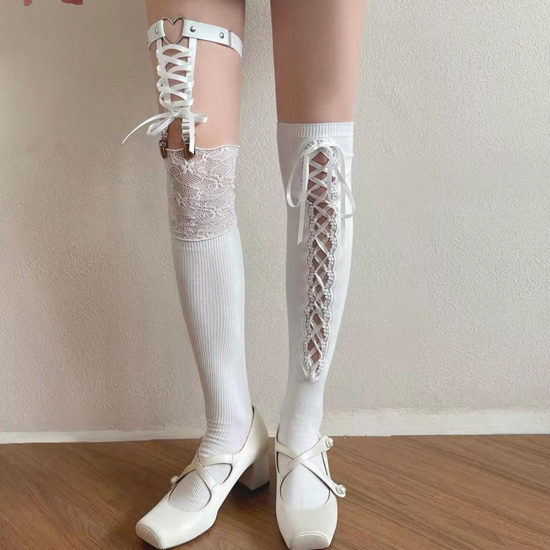 New Arrival: Women's Mid-Calf to Over-the-Knee Socks — Ballet-Style Straps & Lace Splicing, Girly Lolita 