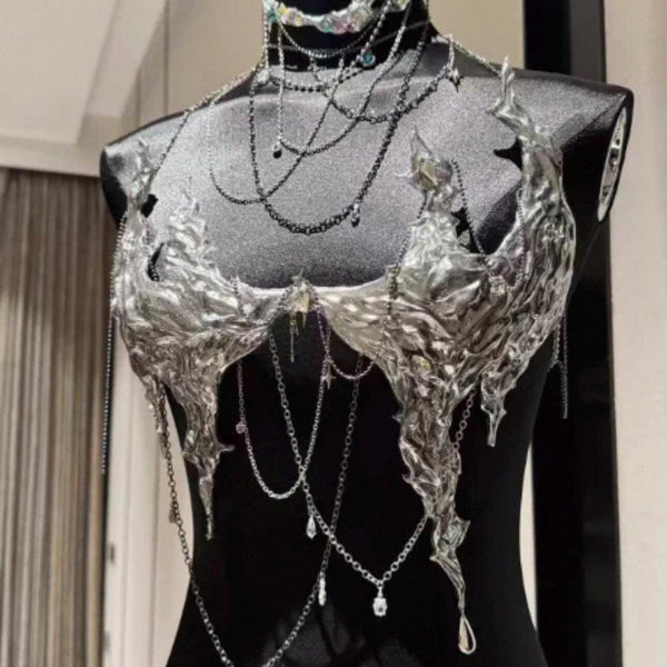 Tech-inspired silver stage costume top, girl group DJ vest, handmade clothing gift