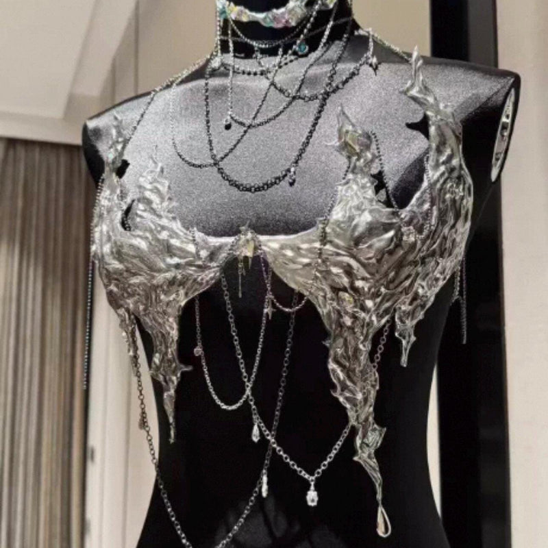 Tech-inspired silver stage costume top, girl group DJ vest, handmade clothing gift