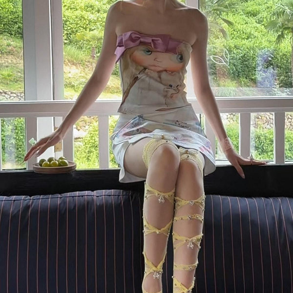 Niche design Japanese mesh stockings, long stockings with diamond studded bow, knee high JK socks