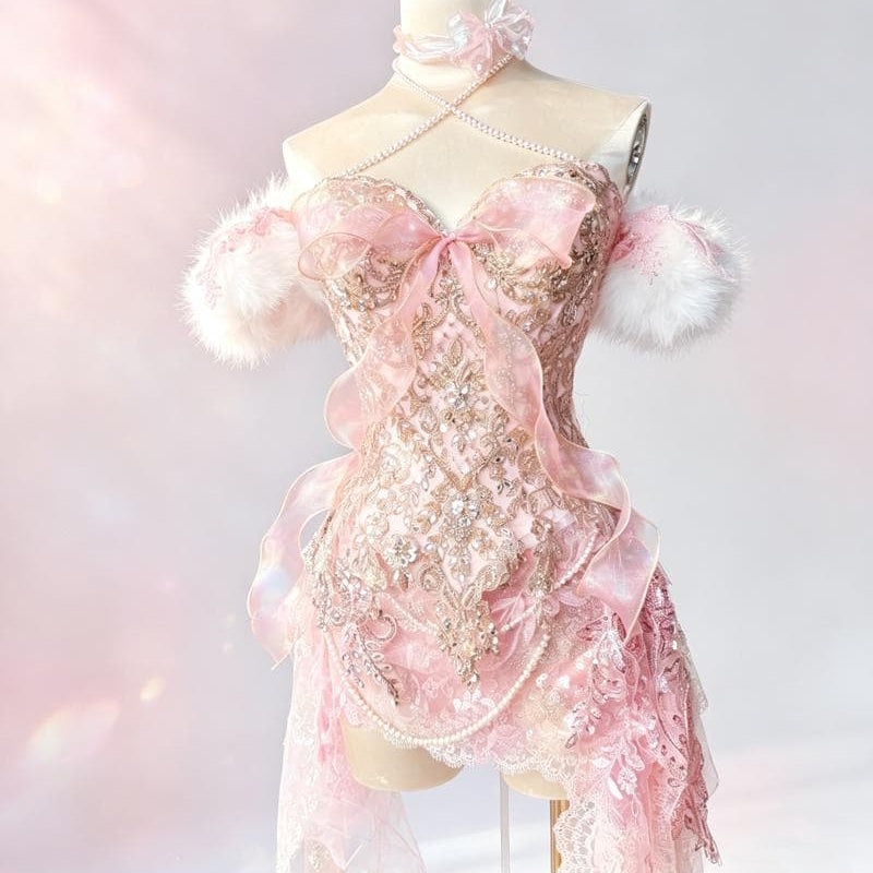 Handmade Princess Dress, Pink Bow, High-Class Party Gown