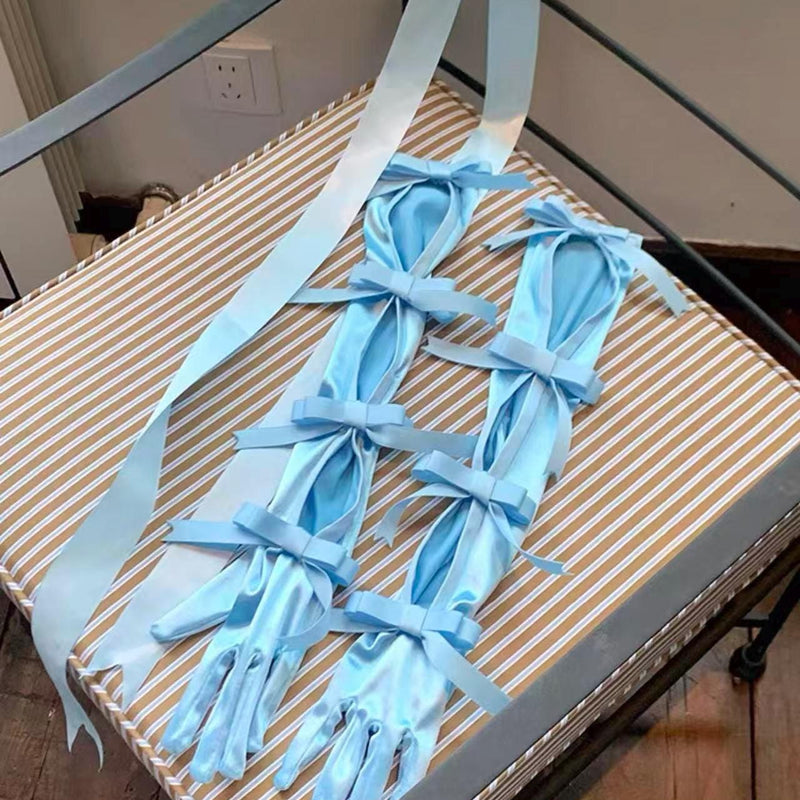 Sexy Vintage Court-Style Satin Long Gloves — Light Blue with Bow Accent (Bridal/Courtly Style)