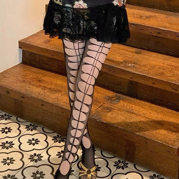 Women's Black Cut-Out Fishnet Tights (Y2K Style)