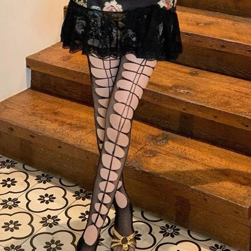 Women's Black Cut-Out Fishnet Tights (Y2K Style)