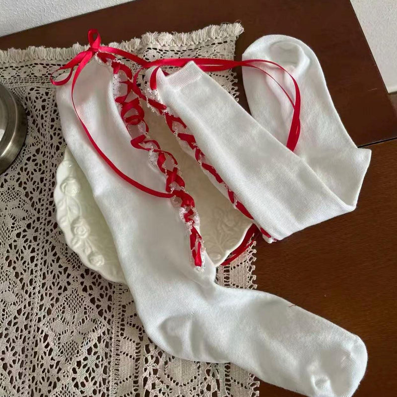 Christmas Outfit: Girly Red Lace Mid-Calf Scrunch Socks with Ribbon Bows