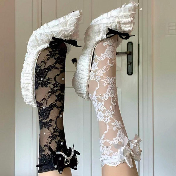 Lolita white mid-calf socks with lace and pearl pendants