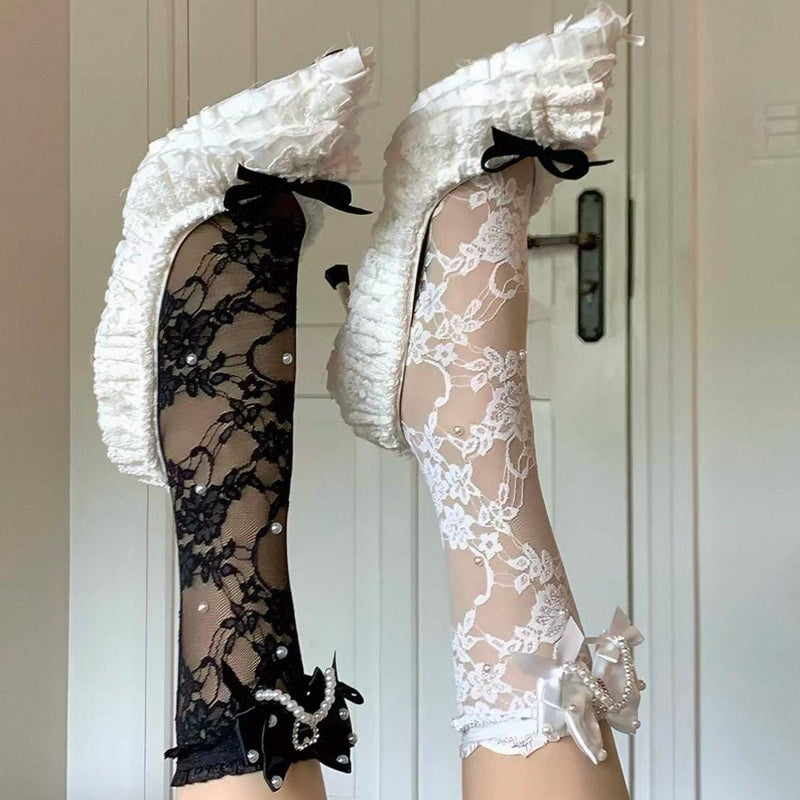 Lolita white mid-calf socks with lace and pearl pendants