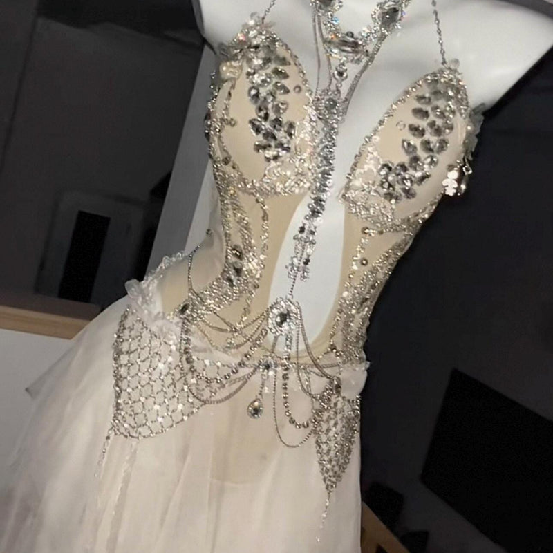 Hand-Sewn Diamond Performance Dress: European Style Rhinestone Bodice