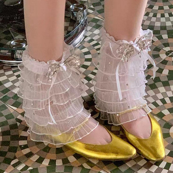 White Rhinestone Bow Slouch Socks (Cake-Style Packaging)