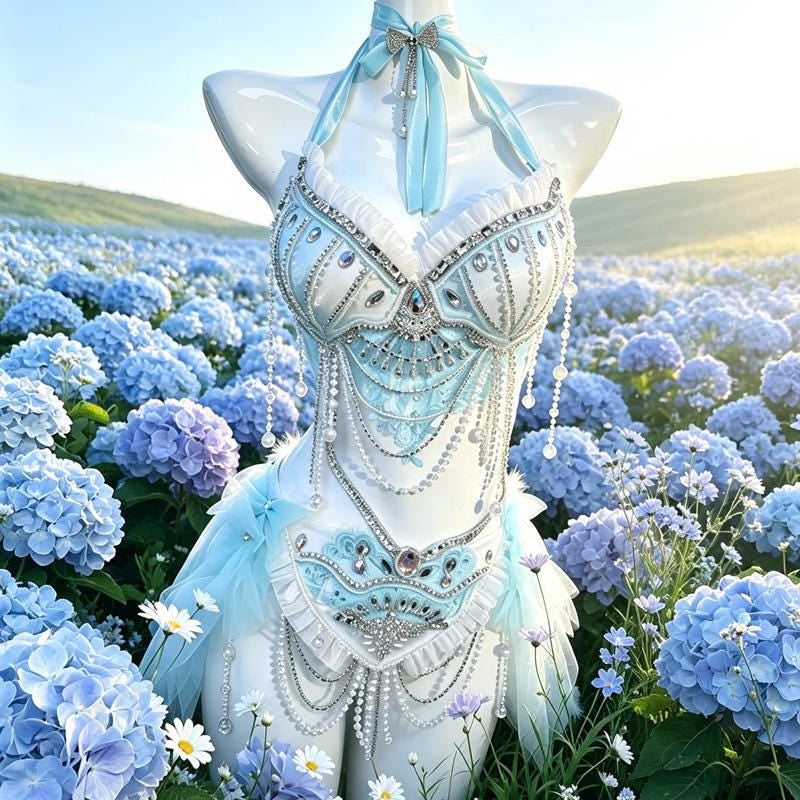 Sexy DJ-Style Electronic Music Handmade Halter Bikini with Rhinestones