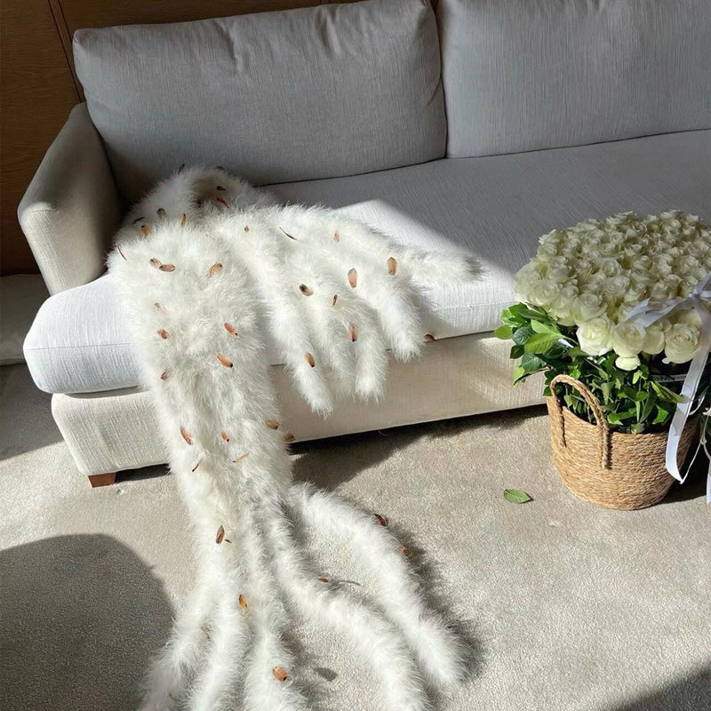 Ostrich Feather Scarf – Plush Winter Shawl with Tassels (Hand-stitched)