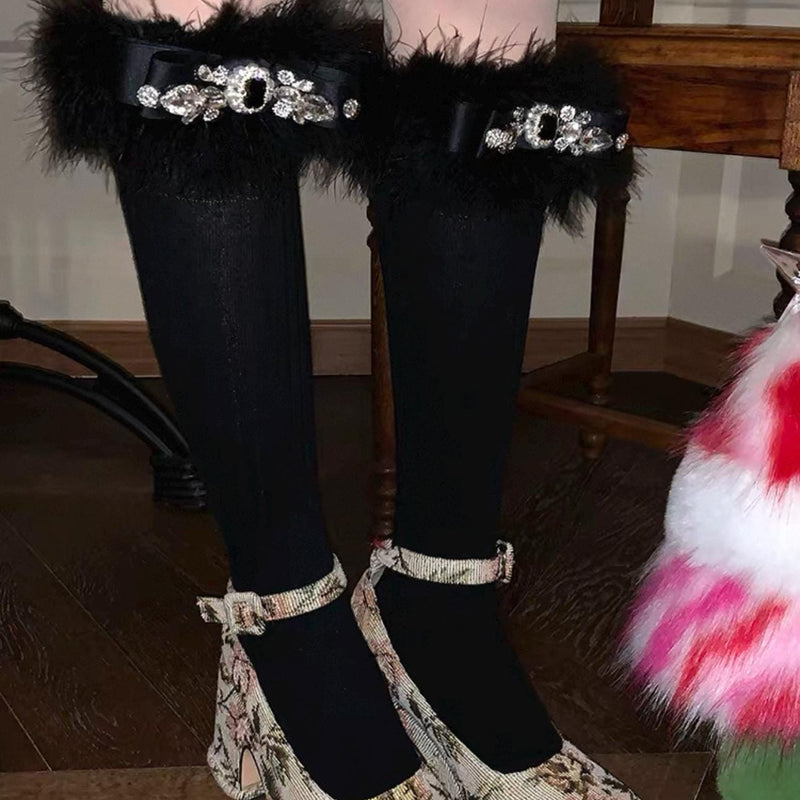 Rhinestone Bow Socks, Fluffy Trim, Mid-Calf Length
