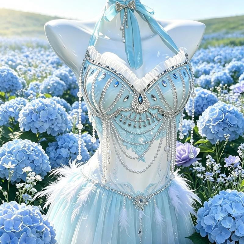 Sexy DJ-Style Electronic Music Handmade Halter Bikini with Rhinestones