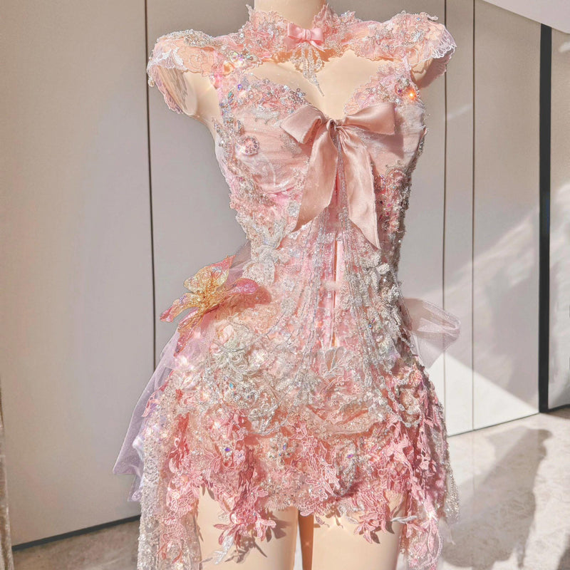 Handmade Princess Dress, Pink Bow, High-Class Party Gown