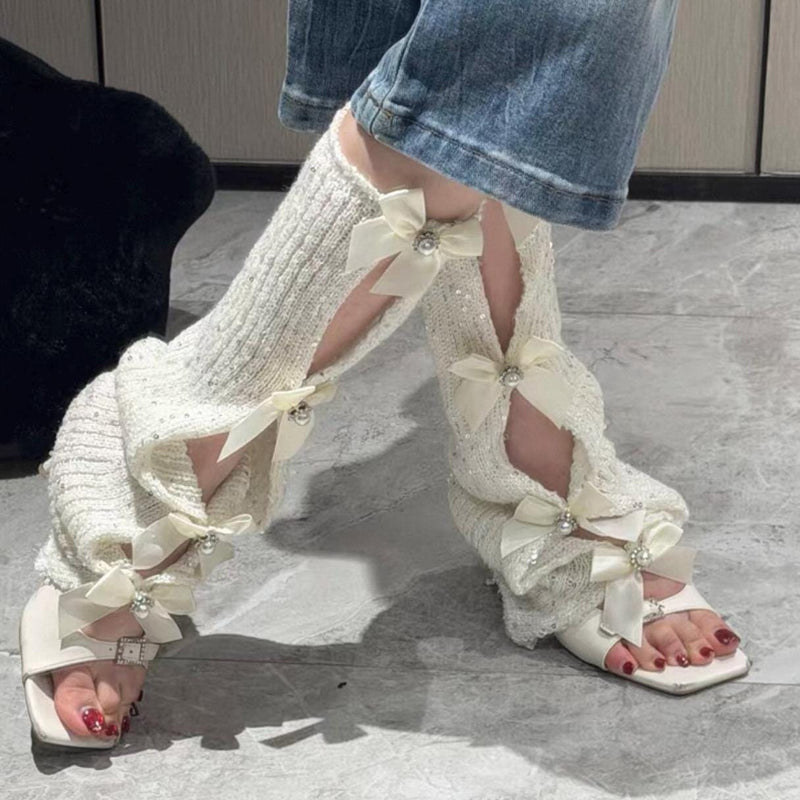Knitted hollow bow handmade calf socks