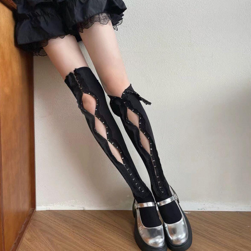 Dark Gothic-style subculture mid-calf/knee-high socks with button details and lace trim (Instagram-style)