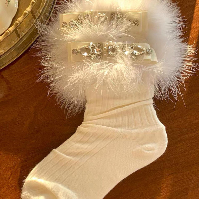 Rhinestone Bow Socks, Fluffy Trim, Mid-Calf Length
