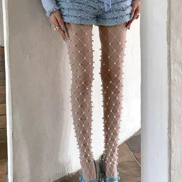 Hand-stitched Pearl Fishnet Tights, Bowknot Stockings