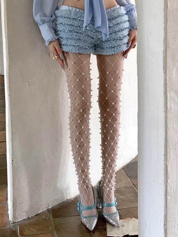 Hand-stitched Pearl Fishnet Tights, Bowknot Stockings