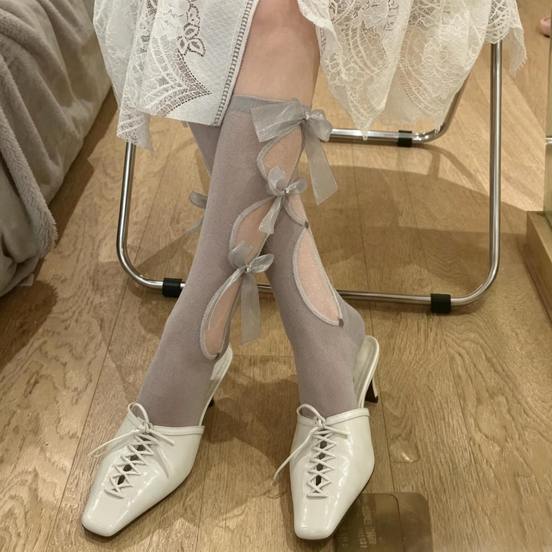 Japanese-Style Lolita Princess Socks: Bowknot Cutout Calf-High Stockings