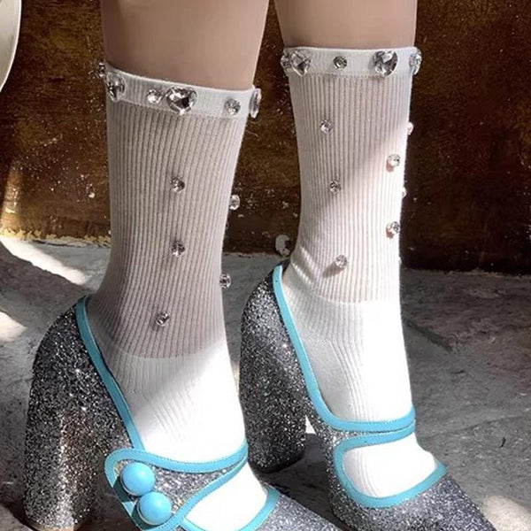 Handmade, original, luxurious, and exaggerated rhinestone-embellished sheer vertical-striped ballet calf-length socks.Retro gifts