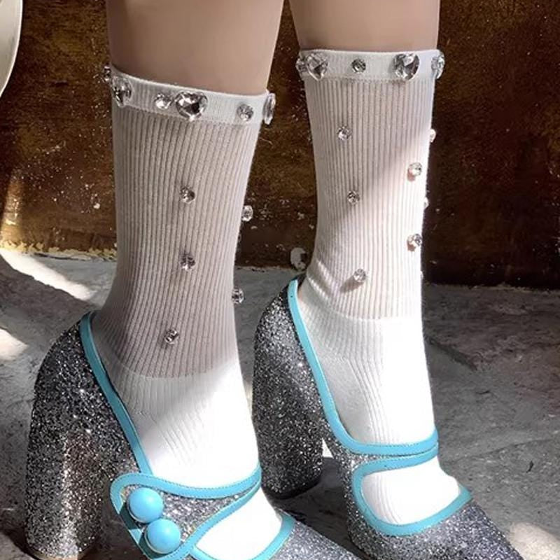 Handmade, original, luxurious, and exaggerated rhinestone-embellished sheer vertical-striped ballet calf-length socks.Retro gifts