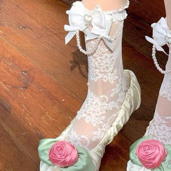Lolita white mid-calf socks with lace and pearl pendants