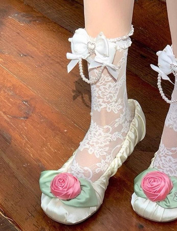 Lolita white mid-calf socks with lace and pearl pendants
