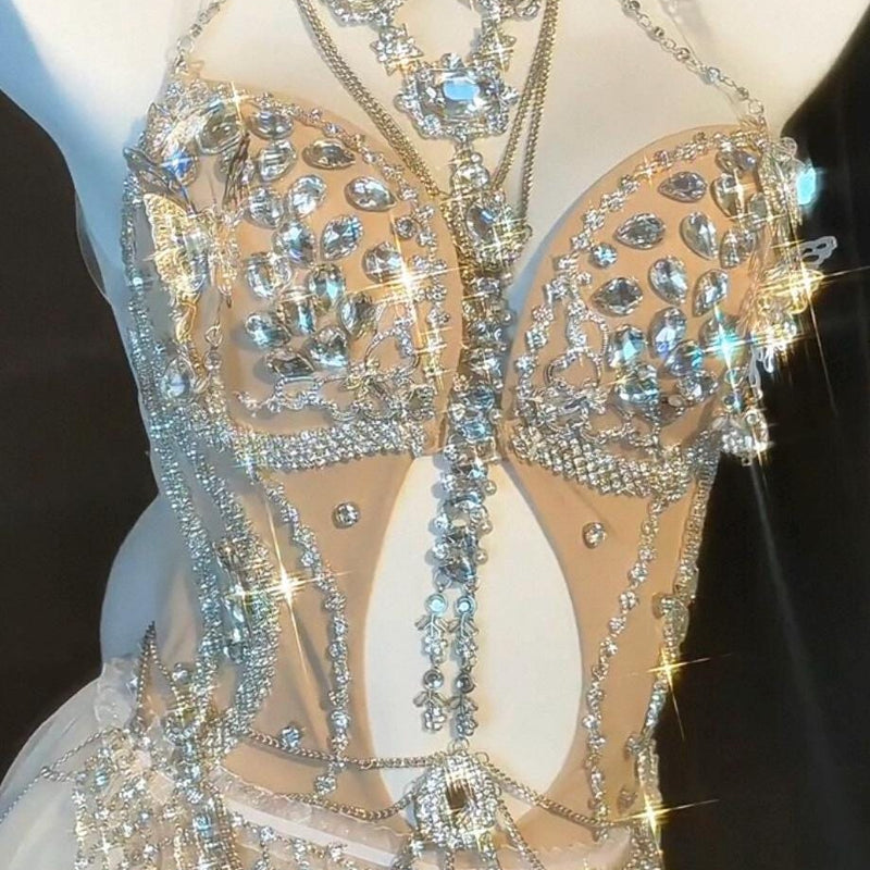 Hand-Sewn Diamond Performance Dress: European Style Rhinestone Bodice