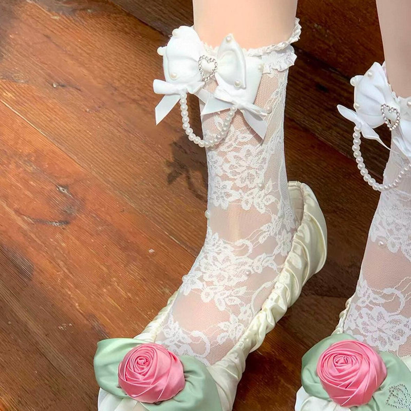 Lolita white mid-calf socks with lace and pearl pendants