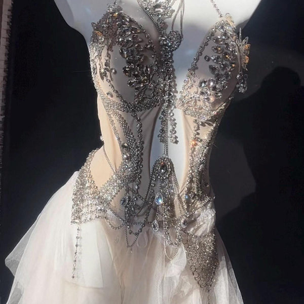Hand-Sewn Diamond Performance Dress: European Style Rhinestone Bodice