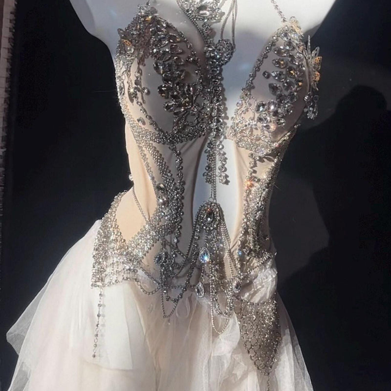 Hand-Sewn Diamond Performance Dress: European Style Rhinestone Bodice