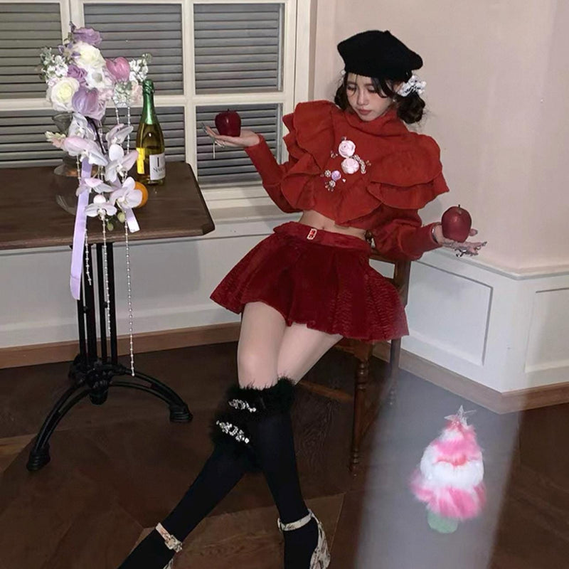 Rhinestone Bow Socks, Fluffy Trim, Mid-Calf Length