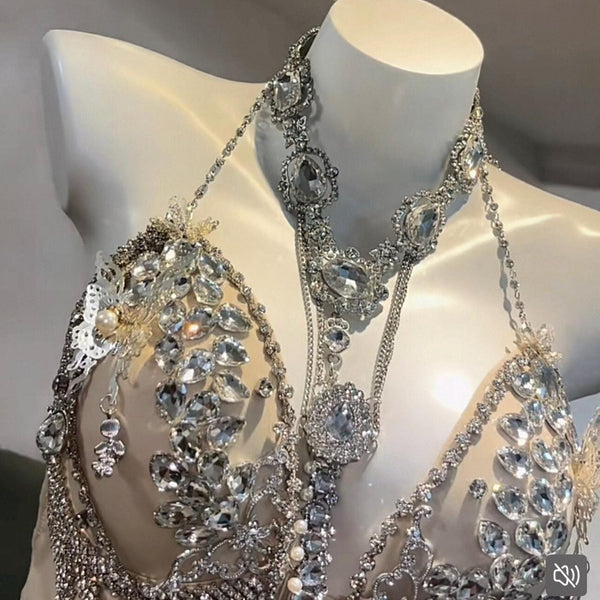 Hand-Sewn Diamond Performance Dress: European Style Rhinestone Bodice