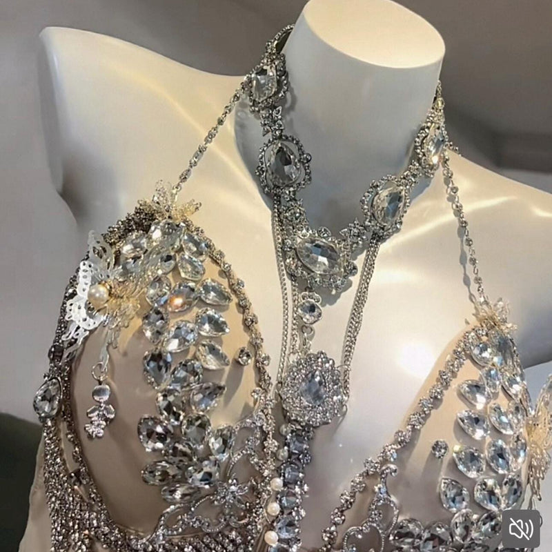 Hand-Sewn Diamond Performance Dress: European Style Rhinestone Bodice