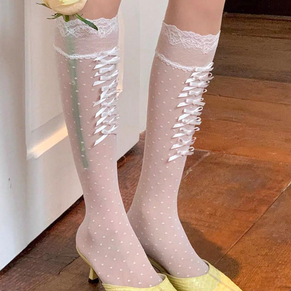 Handmade White Lace Polka Dot Calf Socks with Bow Detail