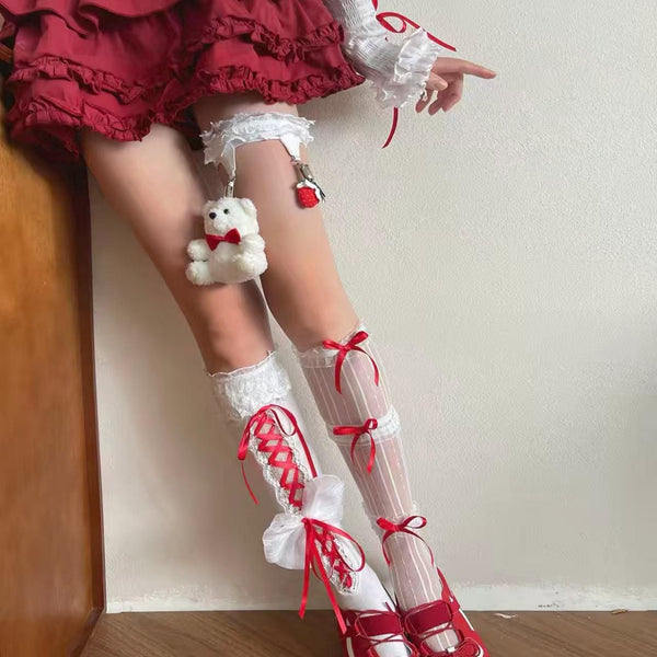 Christmas Outfit: Girly Red Lace Mid-Calf Scrunch Socks with Ribbon Bows