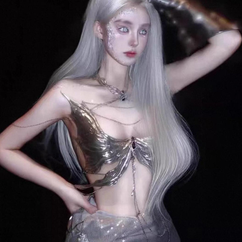 Tech-inspired silver stage costume top, girl group DJ vest, handmade clothing gift
