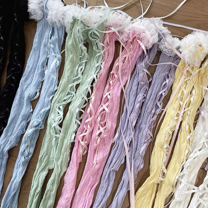 Lolita over-the-knee socks with lace trim and front lacing
