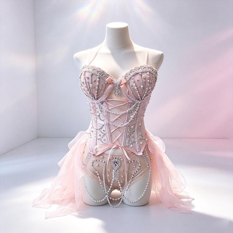 Custom Ballet Girl Rave Outfit – Pearl Embellished Lingerie, Hand-Stitched Rave Wear