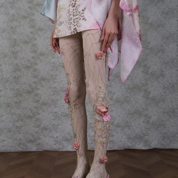 3D Flower Pearl Design Tights