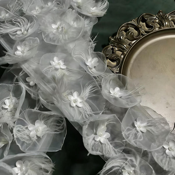 Bridal Party Elegant 3D Floral, Feather, and Mesh Gloves